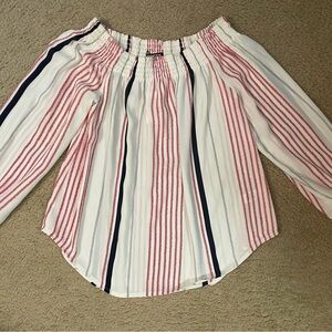 Express Cream and Red Striped off shoulder blouse with smocking details
